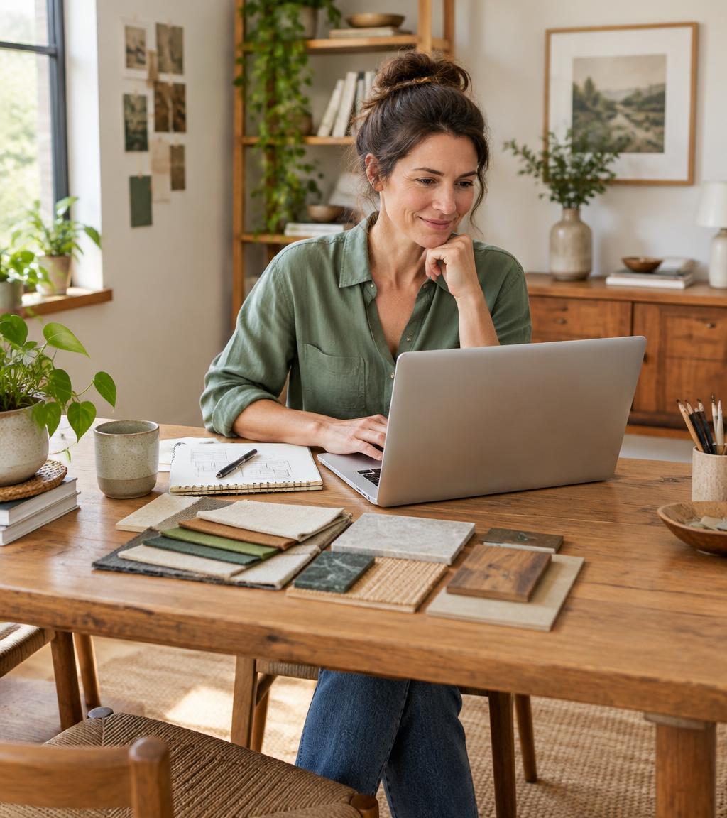 Self-employed designer working on her laptop at a home studio table